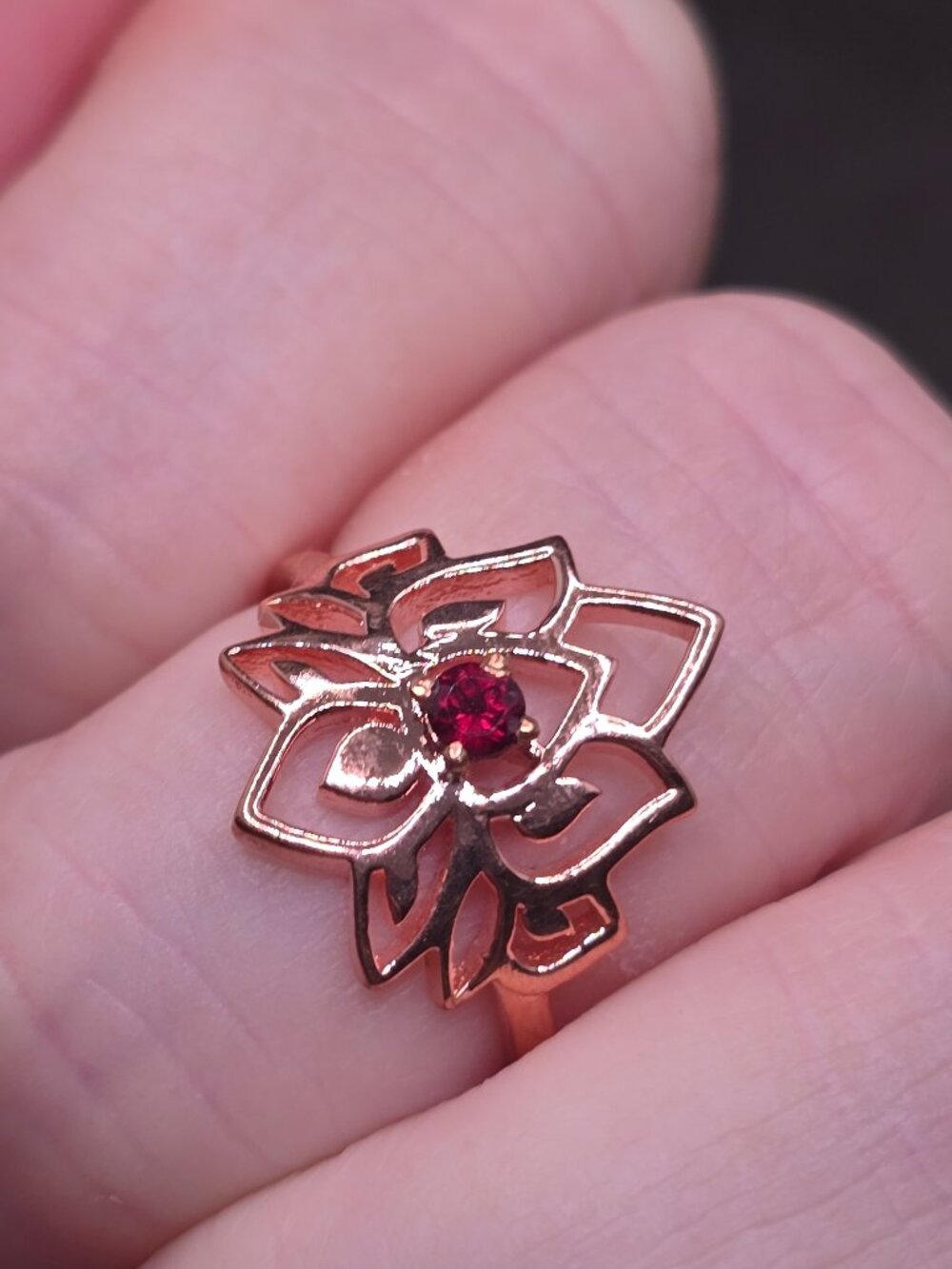 Garnet Copper Lotus Flower Ring Size 8 Red Gemstone Jewelry
